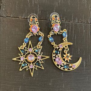 NWOT Celestial Rhinestone Gold Purple Dangle Statement Colorful Earrings